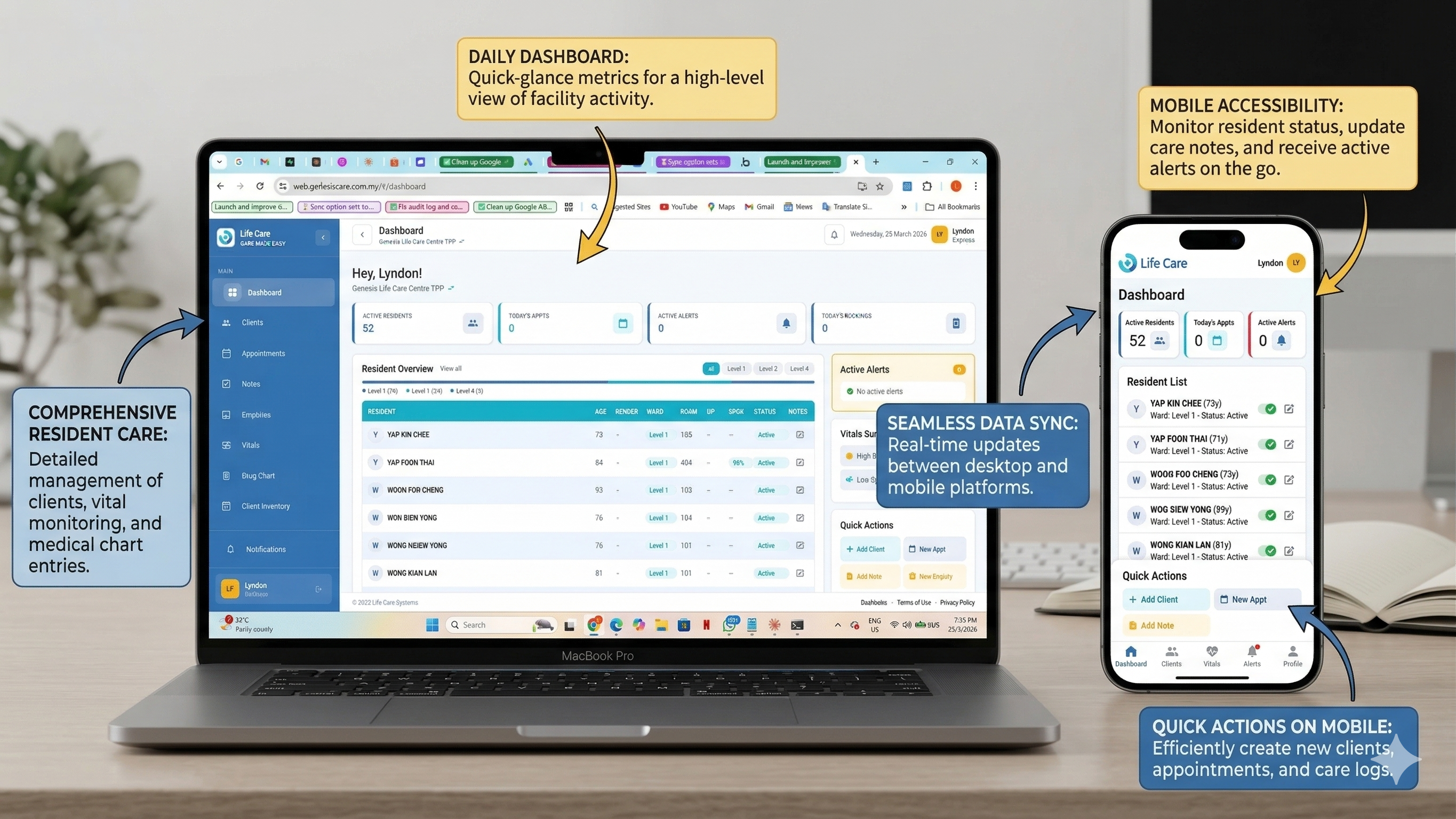 Life Care Systems AI-powered dashboard on desktop and mobile — real-time resident monitoring, vitals tracking, and care management